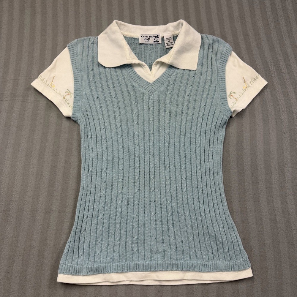 Coral Bay Polo Women's Petite Small Mock‎ Cable Knit Sweater Vest Golfcore Y2K